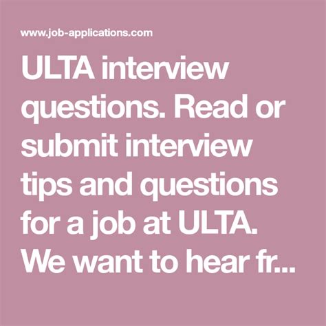 Ulta task associate interview questions - Oct 26, 2020 · The process took 2 weeks. I interviewed at Ulta Beauty (Tallahassee, FL) in Sep 2015. Interview. First interview on college campus, spoke about strengths and weaknesses. Talked about myself and experience. Second interview at a local store, havent gone yet so dont know what they will ask me. Interview Questions. 